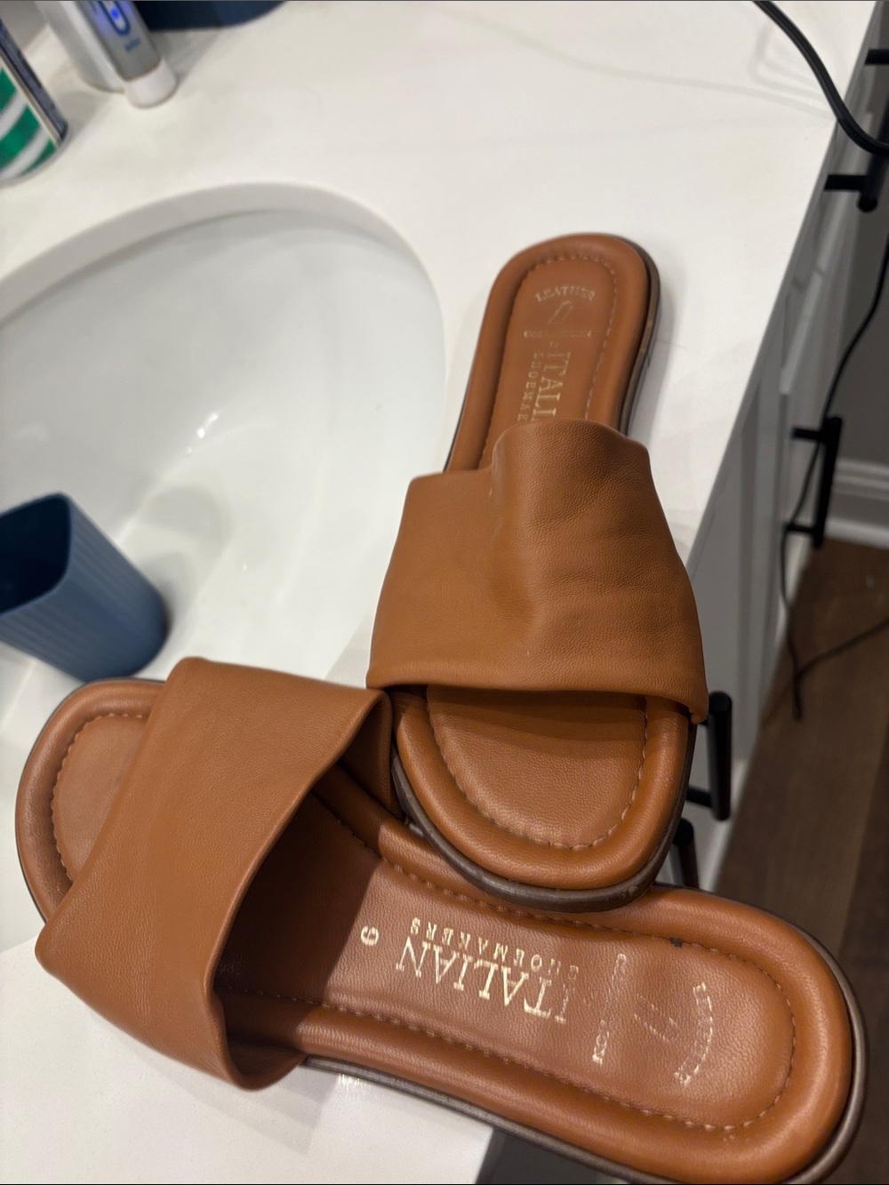 Italian Shoemakers Cognac Leather Slide Mules